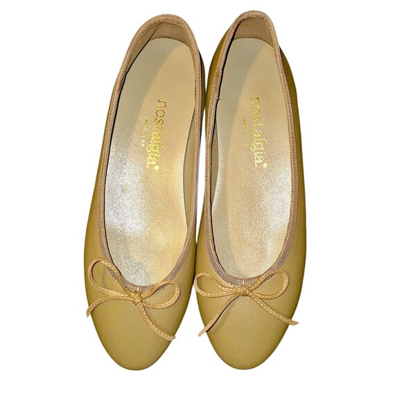 Nostalgia Women's Beige Lambskin Ballet Flats With Bow Size 7.5 Preppy Academia - Picture 1 of 7